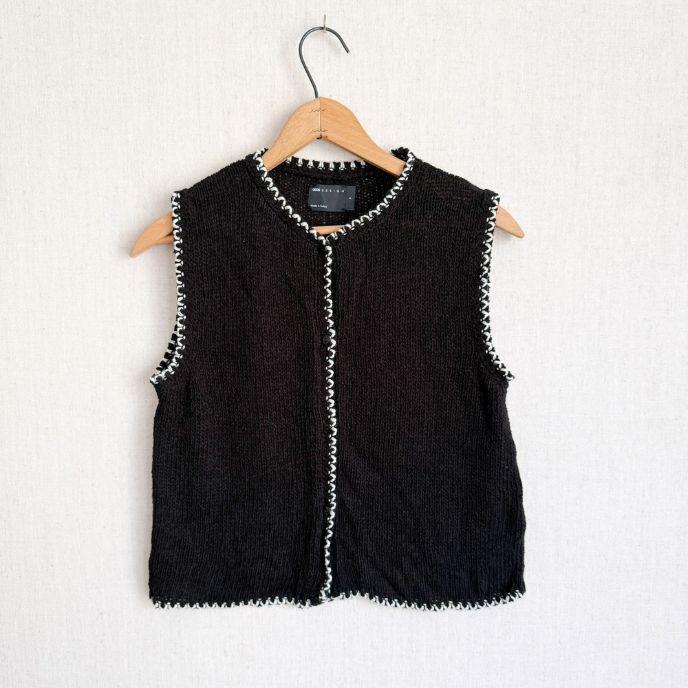 ASOS DESIGN Sweater‎ Vest Whipstitch Knit Boho Sleeveless S Black Contrast Trim